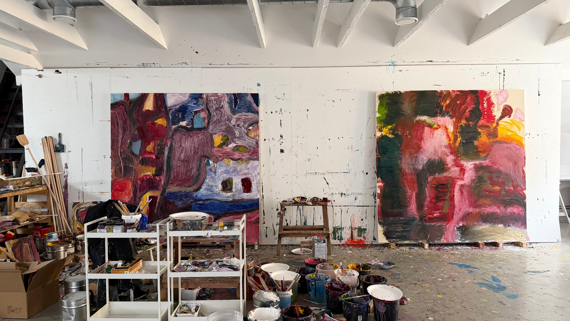 Two large abstract paintings in Gustav Hjelmgren's studio